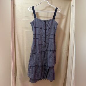 UPCT Blue Gray Tiered Boho Dress | Raw Seam Linen Look Wide Strap Small